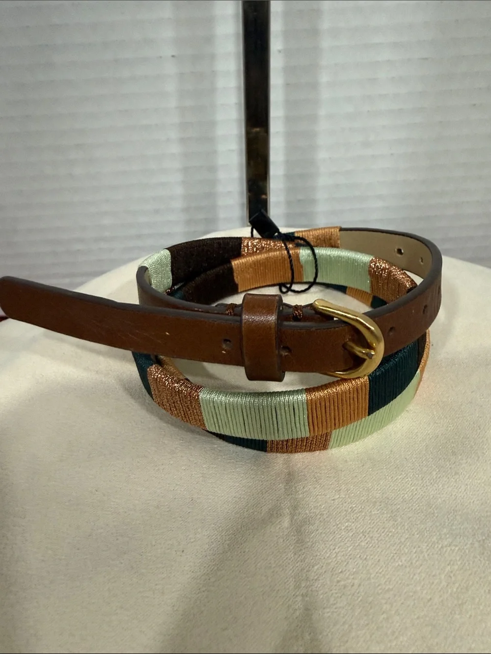 J. Crew Brown Leather Belt with Striped Satin Wrap in Mint, Teal & Copper - Picture 4 of 4